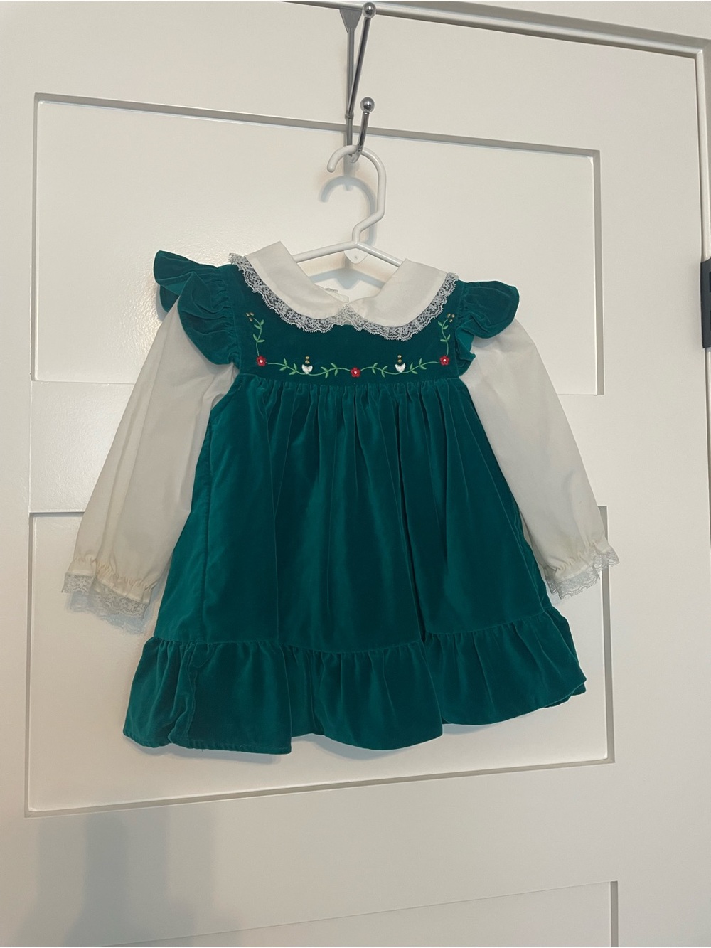 VINTAGE 90s Green Velvet Embroidered Baby Dress with White Collar